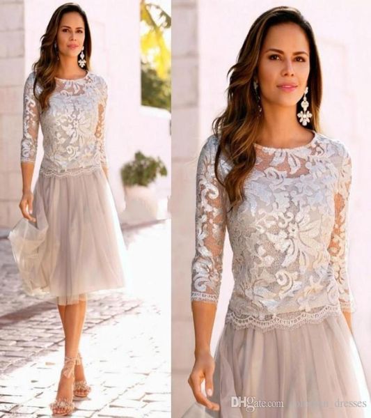 

new arrivals knee lenght mother039s dresses elegant sheer neck 34 long sleeve lace tulle mother of the bride dresses wedding p5081307, Black;red