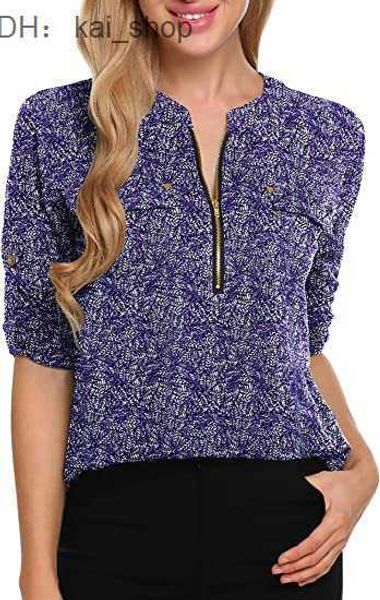 

long sleeved chiffon shirt v-neck office work zipper printed dress 21, White