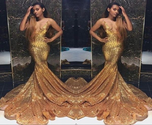 

gold sparkling sequins mermaid prom dresses long deep v neck beaded stones backless sweep train party evening gowns robes de soire6098150, Black;red