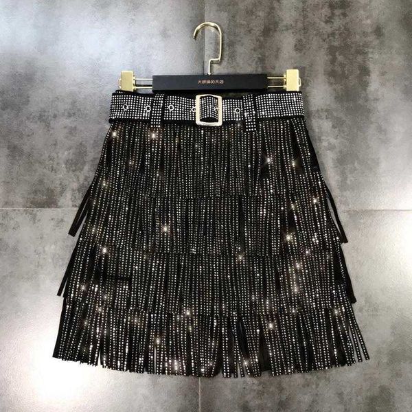 

skirt fashion women 2023 new autumn high waist belt multi layer short heavy drilling rhinestones fringed with cake a line, Black