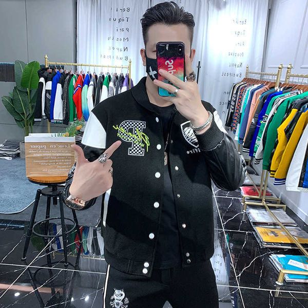 

heavy industry embroidered jacket coat men's personalized slim fit baseball suit net red ins handsome long sleeve 54mq, White;black