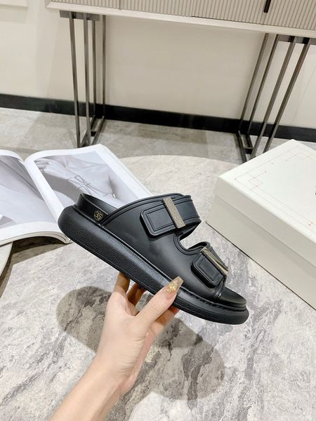 

leather mid heel ladies sandals slippers designer fashion ladies flats ankle buckle rubber sole mules summer 0601, Black