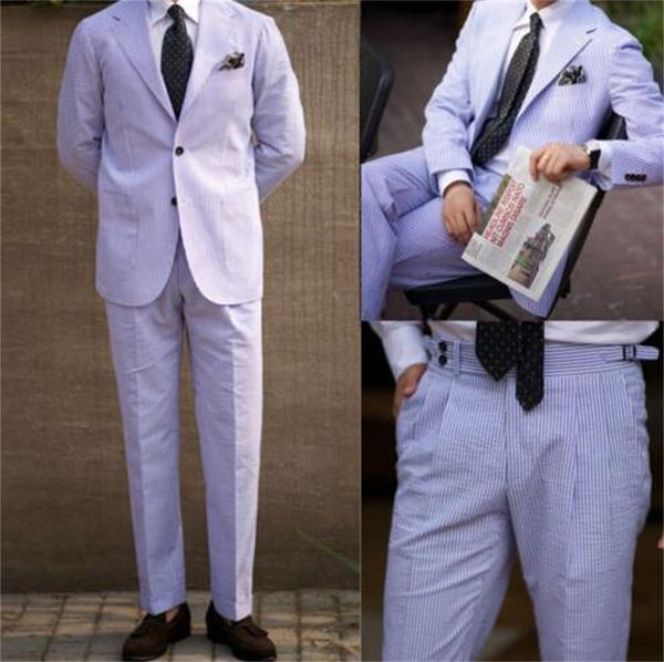 

leisure seersucker men suit notch lapel tuxedos slim fit tailored coat pants, Black;gray