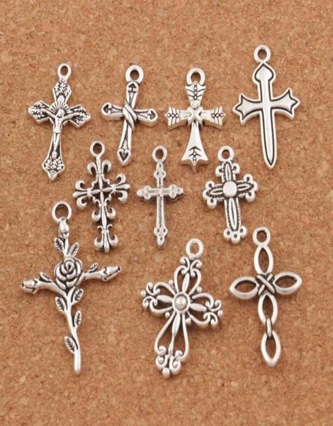 

100pcslot cute flower design cross charm beads 10styles mic tibetan silver pendants jewelry diy findings components lm451094577, Bronze;silver