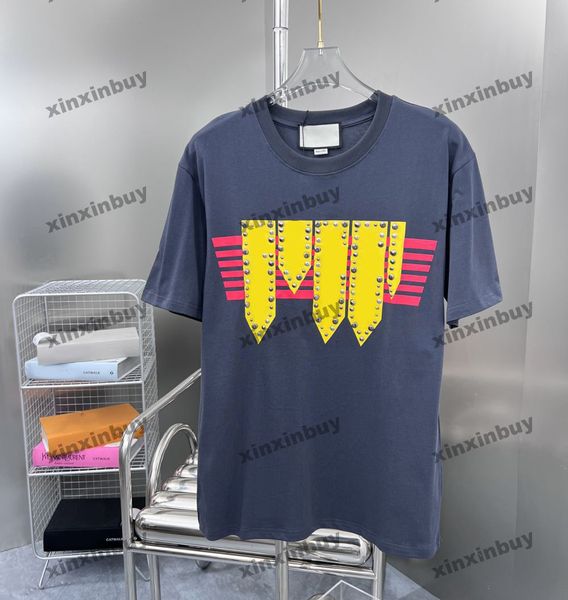 

xinxinbuy men designer tee t shirt 23ss rivet letter printing pattern short sleeve cotton women green apricot s-2xl, Black;brown