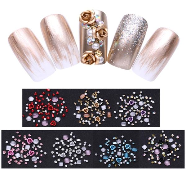 

1box 3d nail rhinestones stones mixed colorful decals with nail curved tweezer crystals nail art diy design decorations6925422, Silver;gold