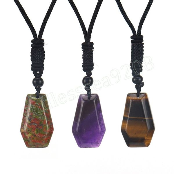 

bohemia natural amethyst stone crystal pendant necklace for women men natural stone hexahedron geometric clavicle necklace gifts, Silver