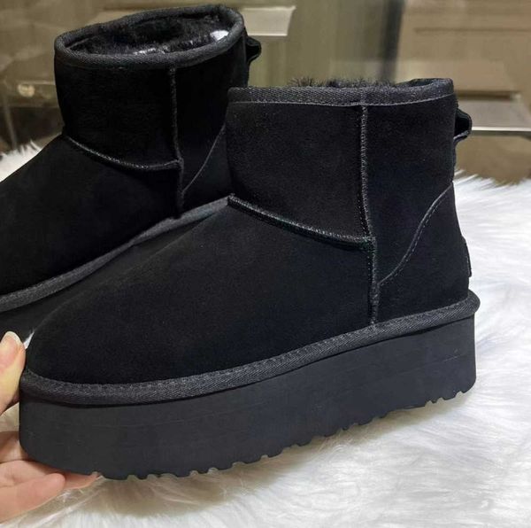 

women classic mini platform boot ultra matte fur snow boots suede wool blend comfort winter designer ankle booties45, Black