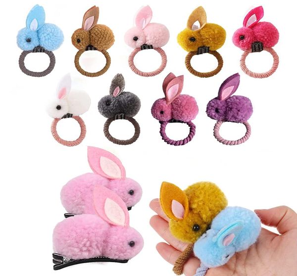 

girls039 cute ball pompoms bunny hair tie bands clips kids yarn pom rabbit elastic hair ring plush ponytail holder for little g6111459, Slivery;white