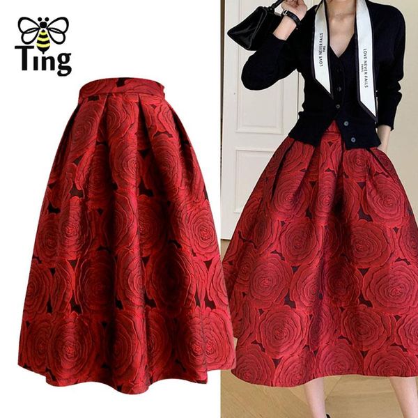 

dresses tingfly women vintage elegant 90s rose flower jacquard a line knee length skirts lady high waist retro ball gowns skirt bottom, White;black
