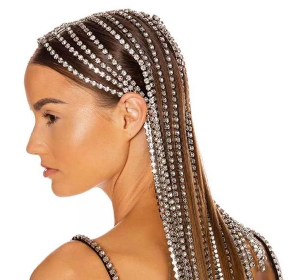 

luxury bridal headband rhinestone long tassel hair chain accessories for women crystal multi strand head chain hair jewelry6677131, Silver