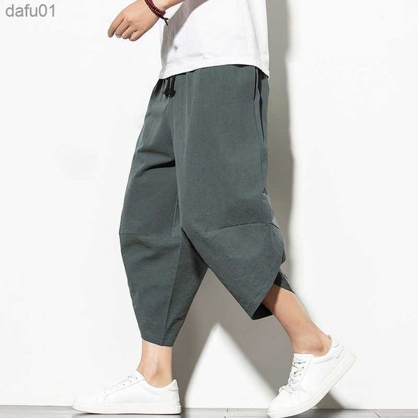 

dropshipping summer cotton harem pants men casual hip hop trousers cross bloomers calf-length pants joggers streetwear l230520, Black