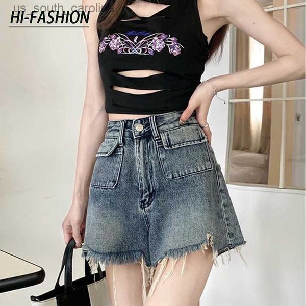 

hi-fashion summer new women denim shorts with pocket and high waist loose tassel jeans s-xxl korean high waist commute shorts l230522, White;black