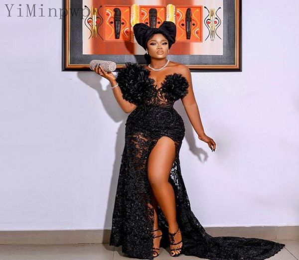 

black lace mermaid evening dresses one shoulder sweep train thighhigh slits beads ruched women formal occasion dress prom party g2311365, Black;red