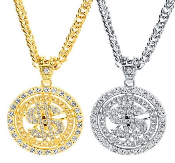

pendant necklaces hiphop spinning dollar necklace crystal rhinestone jewelry men punk boy birthday party gift wedding accessories6142591, Silver