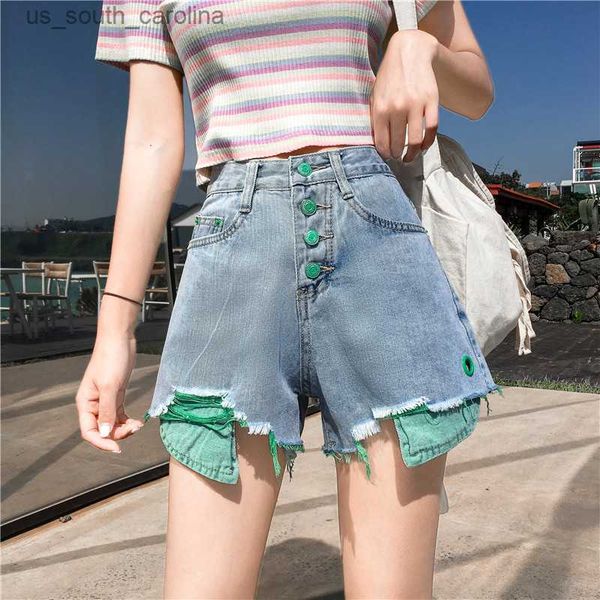 

s-5xl women denim shorts summer spring new fashion colorful buttons short jeans slim thin mini cotton shorts female l230522, White;black