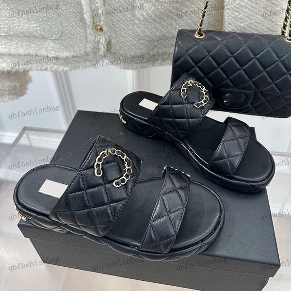 

designer womens sandals flat slippers ringle sheepskin braided chain c buckle thick sole 3cm shoes outdoor beach shoes dress shoe fisherman, Black