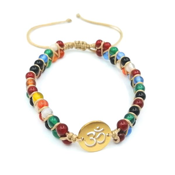 

jln multi color 4mm agate stainless steel om charm bracelet colorful agate double layers braided adjustable bracelets for man woman jewelry, Golden;silver