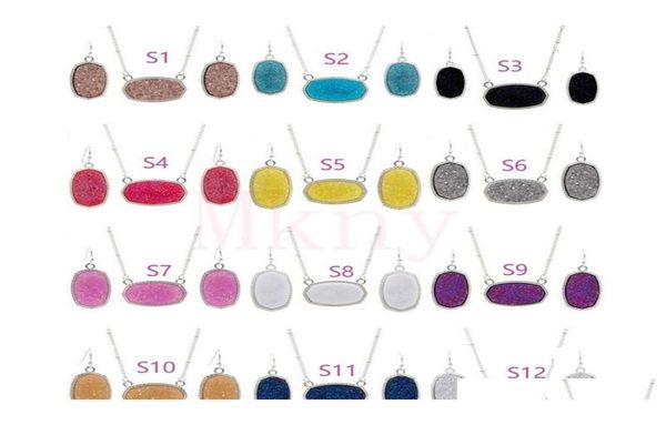 

oval style resin drusy druzy silver necklace earings luxury designer jewelry set for women wedding party gift christmas b9s5g8798891