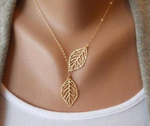 

simple european new fashion vintage punk gold hollow two leaf leaves pendant necklace clavicle chain charm jewelry women 1943649, Silver