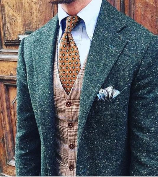 

2019 mens green dotted donegal tweed suit custom made brown mens tweed suit tailored single breasted men suit notch lapeljacketp1645127, Black;gray