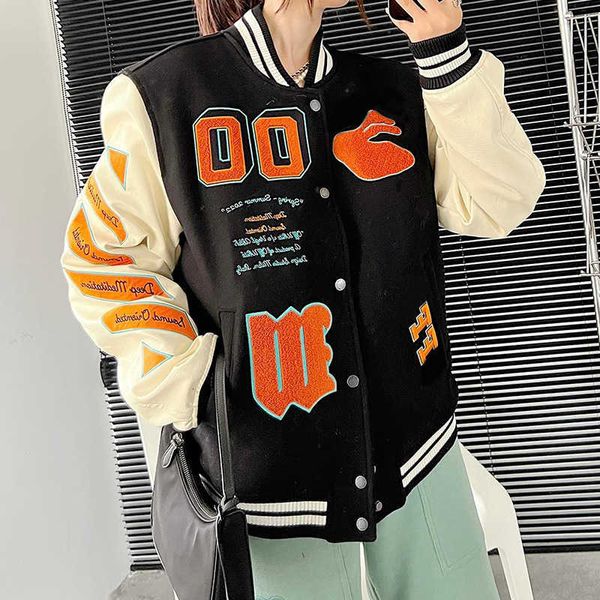

autumn and winter new woolen patchwork jacket niche trendy brand embroidered baseball suit loose fitting couple for men women s86z, White;black