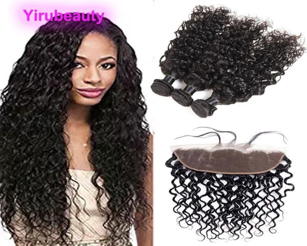 

indian water wave 13x4 lace frontal with 3 bundles human hair bundles with lae frontal ear to ear hair extensions5480336, Black;brown