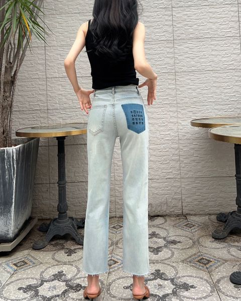 

designer jeans womens long pants high grade trousers pocket embroidery letter high waist slim straight jean for women c6, Blue