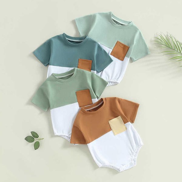 

jumpsuits baby boys summer infant patch work colorful pocket short sleeve loose fit bodysuit g220606, Blue