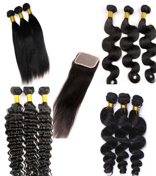 

virgin brazilian hair bundles weaves with lace closure straight body wave human hair wefts 100 unprocessed mink human hair extens1198031, Black