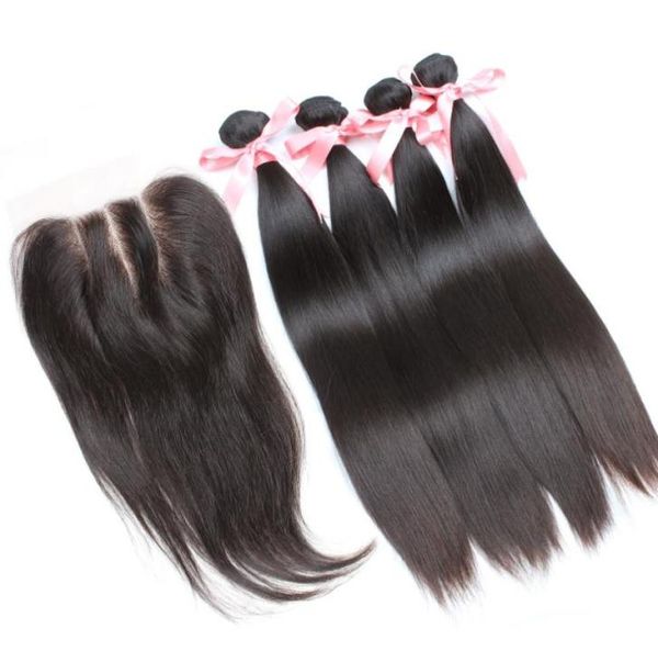 

wholehead closure with hair bundles 5pcs unprocessed brazilian human virgin hair weaves silky straight extensions greatremy7744419, Black