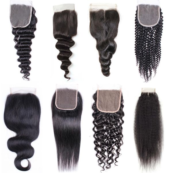 

whole 5pcs 4x4 lace closure virgin brazilian human hair middle closure straight body loose deep wave curly natural color 7798625, Black