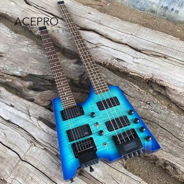 

in stock double neck headless electric guitar blue burst color flamed maple tremolo bridge 6 string guitar + 4 string bass combo