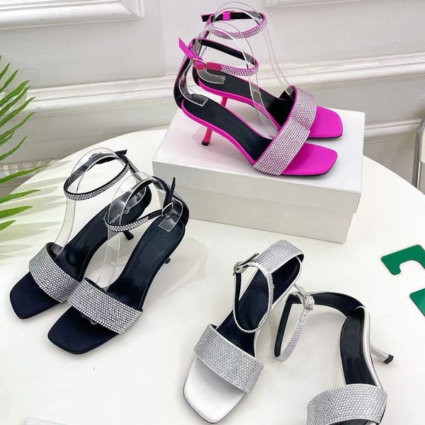 

2023 women classic designer luxury peep-toe heeled sandals fashion womens one line buckle shoe ladys rhinestones embellish cat heel outer we, Black