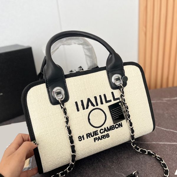

womens tweed bowling beach shopping bags handle totes deauville clutch with chain silver metal hardware shoudler handbags embroidery letter