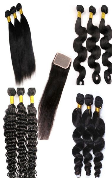 

virgin brazilian hair bundles weaves with lace closure straight body wave human hair wefts 100 unprocessed mink human hair extens2989738, Black