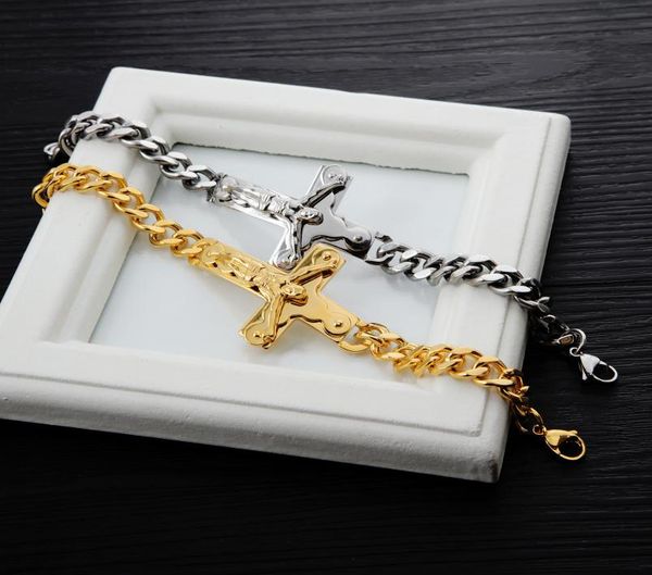 

2021 cross bracelet men bangle jewelry silvergold color 21cm inri crucifix jesus piece cuban link chain bangles fathers day gifts7149422, Black