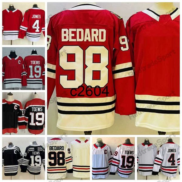 

c2604 2023 new #98 connor bedard hockey jerseys reverse retro 19 jonathan toews 4 seth jones black winter classic shirts