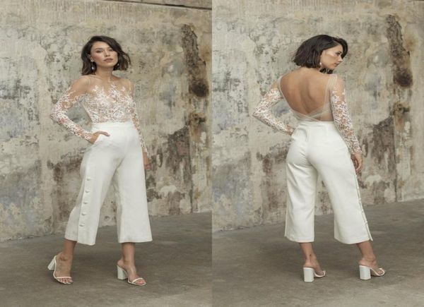 

designer jumpsuit beach 2021 wedding dresses jewel neck long sleeve backless ankle length bridal outfit lace summer wedding gowns9045754, White
