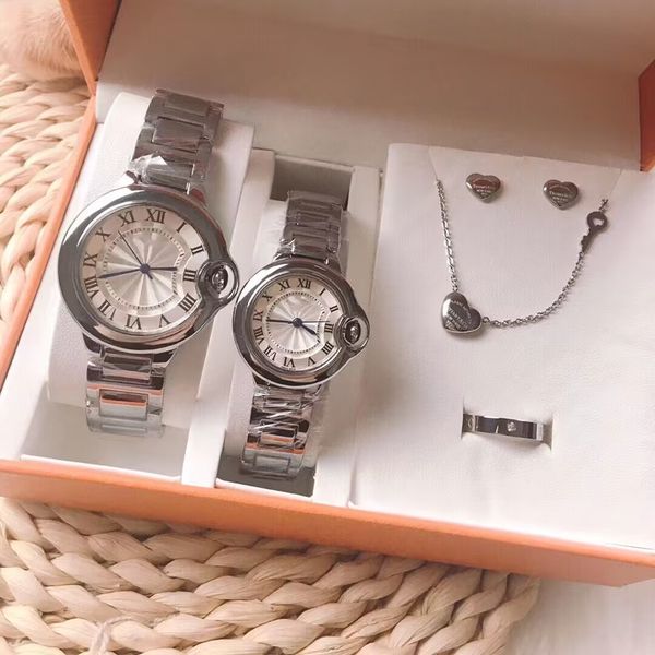 

2023 couple watch titanium steel five piece set (includes: classic couple watch pair necklace, earrings, rings) with box high version jewelr, Slivery;brown