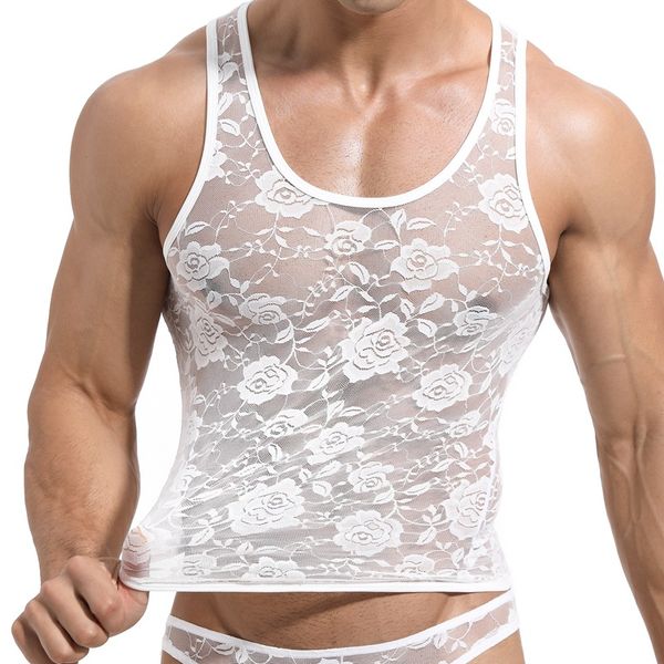

men floral lace tank transparent mesh elastic fitted singlet sleepwear male see-through sleeveless vest, White;black