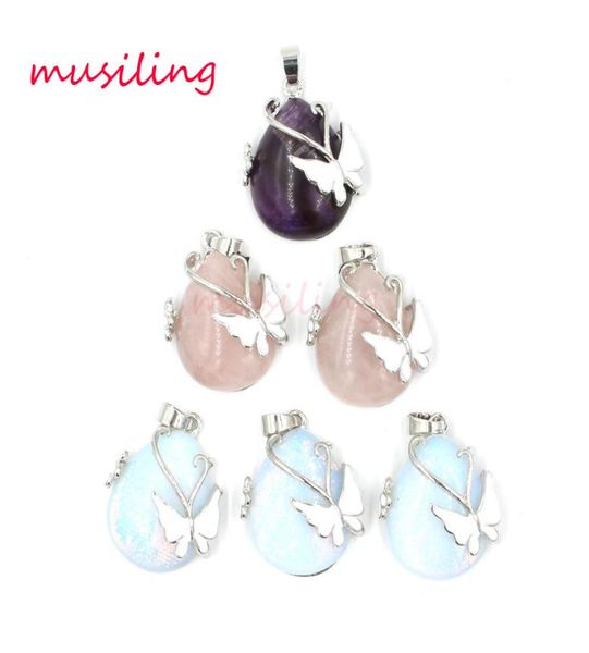 

water drop butterfly pendants necklace chain natural stone jewelry pendulum silver plated charms amulet european fashion jewelry f1900328