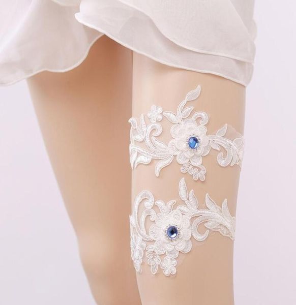 

blue rhinstone bridal wedding leg garter women garter white embroidery garters 2pcsset6887193