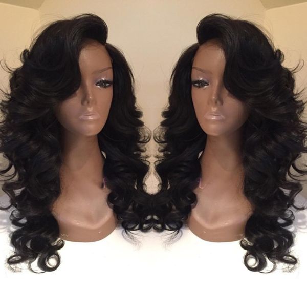 

celebrity style synthetic wigs loose body wave hair wig natural black 1b color with side bangs pelucas black women full wigs6228106