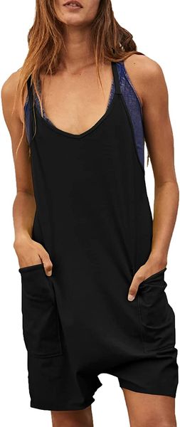 

womens summer casual sleeveless rompers loose spaghetti strap shorts jumpsuit with pockets, Black;white