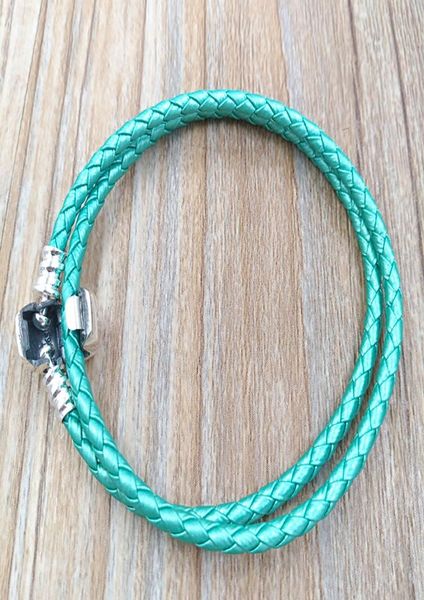 

green double leather charm bracelets authentic 925 silver fits european style jewelry charms beads handmade gift andy jewel 590705clg-d28125, Golden;silver
