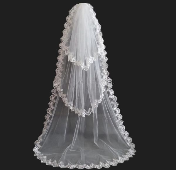 

beautiful three layers long bridal veils with lace edge church tulle bride wedding veil wedding accessory in stock4776125, Black