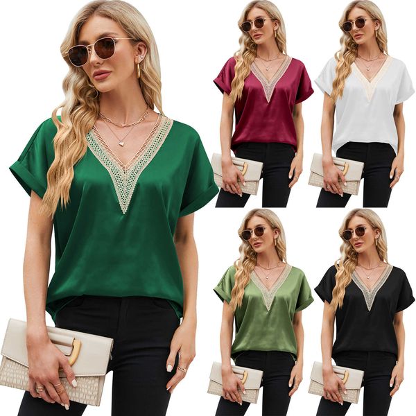 

women's v-neck satin short sleeved shirt lace satin shirt, White