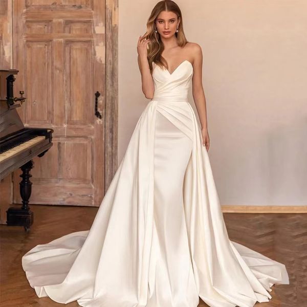 

2023 white ivory satin mermaid wedding dresses with overskirt train sweetheart neck plus size beach country bridal party gowns arabic custom