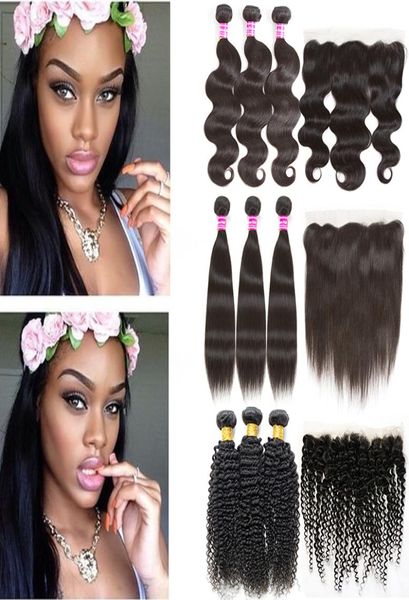 

brazilian hair bundles wet and wavy body wave straight remy human hair lace closure 3 bundles with kinky curly 13x4 weaves frontal1367106, Black;brown